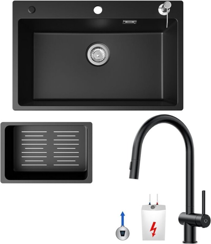 Cecipa Max - Küchenspüle 70x45cm Granitspüle Anthrazitschwarz Mit Seifenspender + Ausziehbarer Niederdruck-Küchenarmatur...