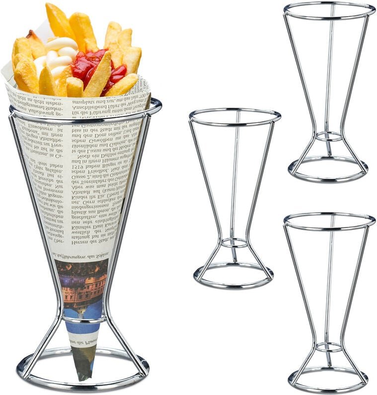 Relaxdays - Pommeshalter, 4er Set Pommestütenhalter aus Edelstahl, HxD 16 x 9,5 cm, Spitztüten-Ständer für Pommes, silbe...
