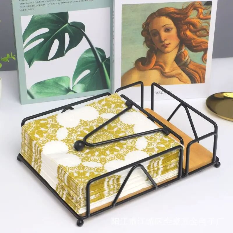 Serviettenhalter aus Holz – schwarzer, flacher Serviettenhalter – Serviettenspender aus Metall mit Fach für Salz- und Pf...