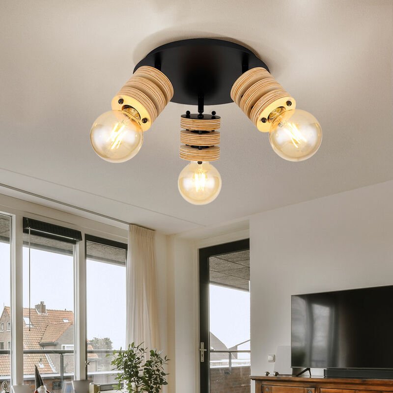 Deckenlampe Deckenleuchte Spotleuchte Holzlampe Holzleuchte, Spots beweglich 3 Flammig, Metall schwarz Holz natur, E27 F...