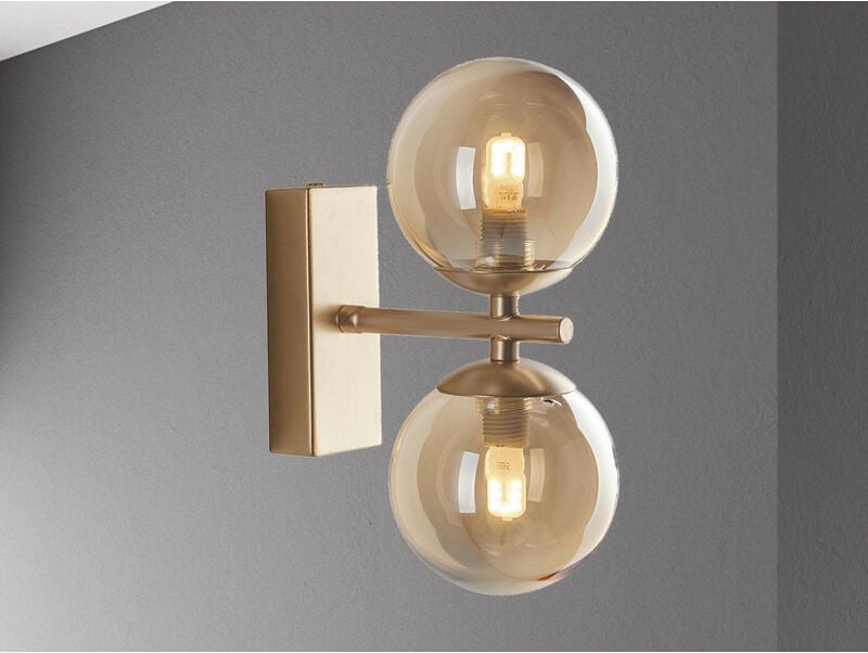 Außergewöhnliche led Wandlampe Messing Glaskugeln Amber, Höhe 23cm