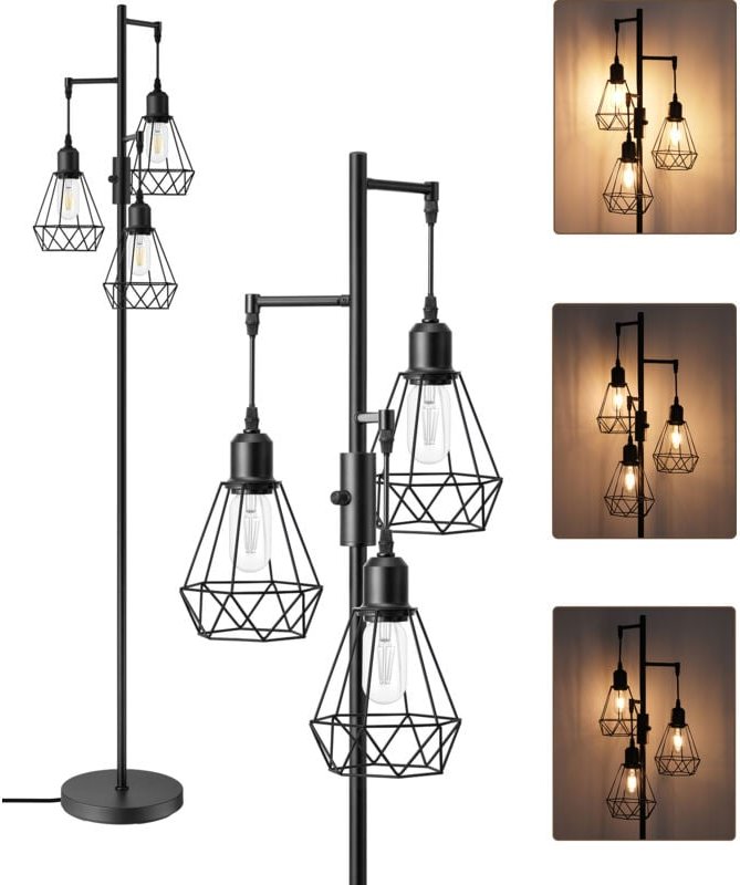 EDISHINE Dimmbar Stehlampe Wohnzimmer 163cm, Industrial Stehleuchte Schwarz mit LED E27 Leuchtmittel, 3 Käfig Lampenschi...