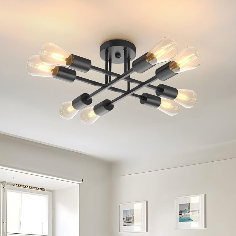 Vintage Deckenleuchte 8 Flammig - Schwarz Deckenlampe E27 Flurlampe für Wohnzimmer Esszimmer Küche Bars Cafét (Ohne Leuc...
