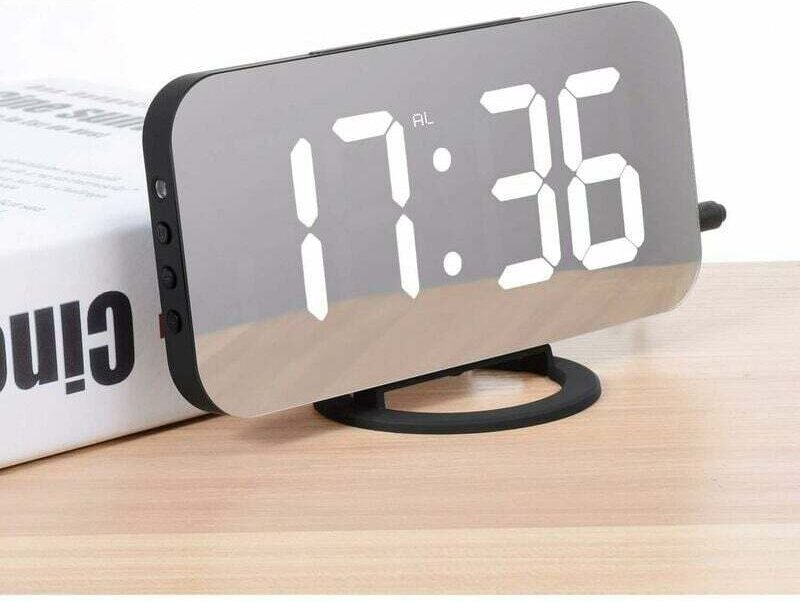 Digitaler Wecker, LED-Morgenwecker, Spiegel, Digitaluhr, Nachttischwecker, Morgenwecker, Nachtlicht, einstellbare Hellig...