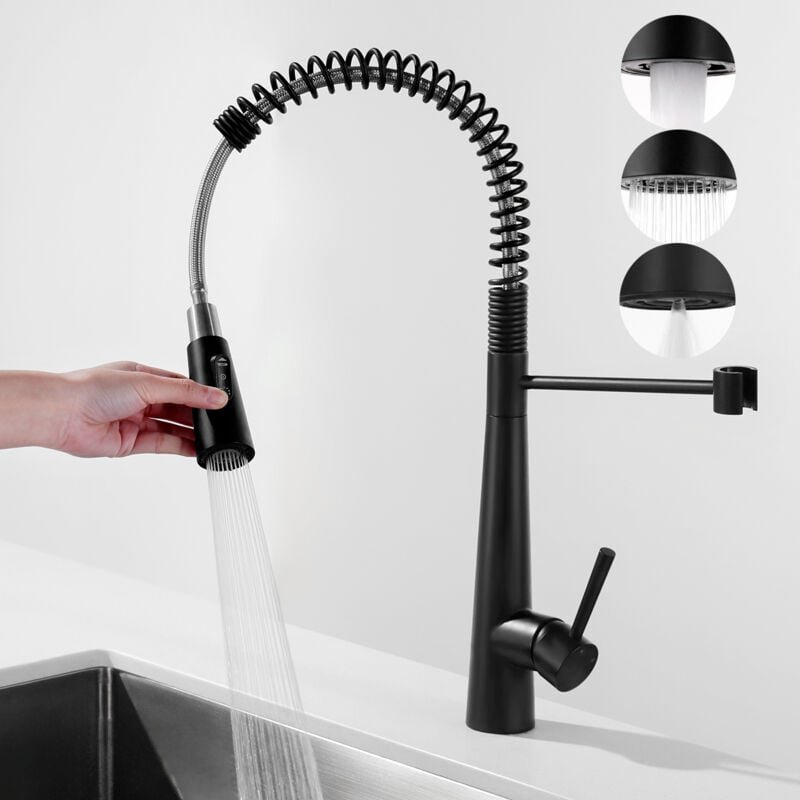 Thumbnail - Black Spring Küchenmischbatterie mit 3 Wasserauslassmodi – Spültischarmatur mit ausziehbarer Brause, 360° schwenkbarer K...