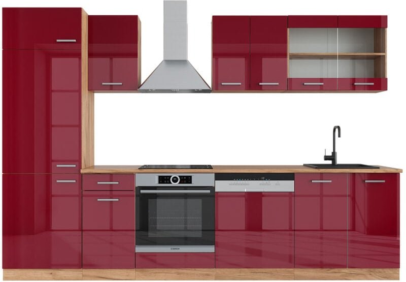 Vicco - Küchenzeile R-Line, Bordeaux Hochglanz/Goldkraft Eiche, 300 cm , ap Eiche