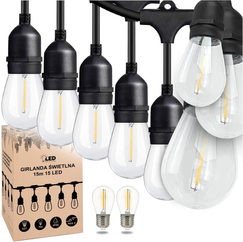 Lichterkette für den Garten, 15 m x 15 E27-Glühbirnen, wasserdicht IP65, ganzjährig