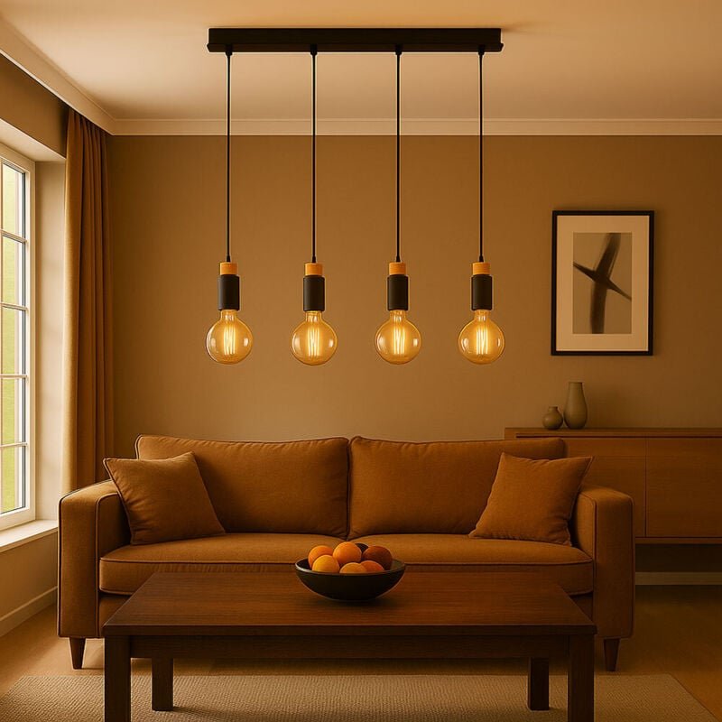 Led Hängelampe Esstischlampe 4 flammig Pendelleuchte Holzlampe Wohnzimmerleuchte, Holz Metall dunkelbraun schwarz, 4x 7W...