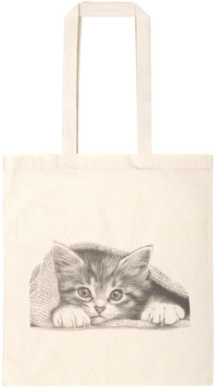 Bolsa de compra de algodón con asas largas, 37x41 cm, ecológica, elegante, con estampado de un gato debajo de una manta.