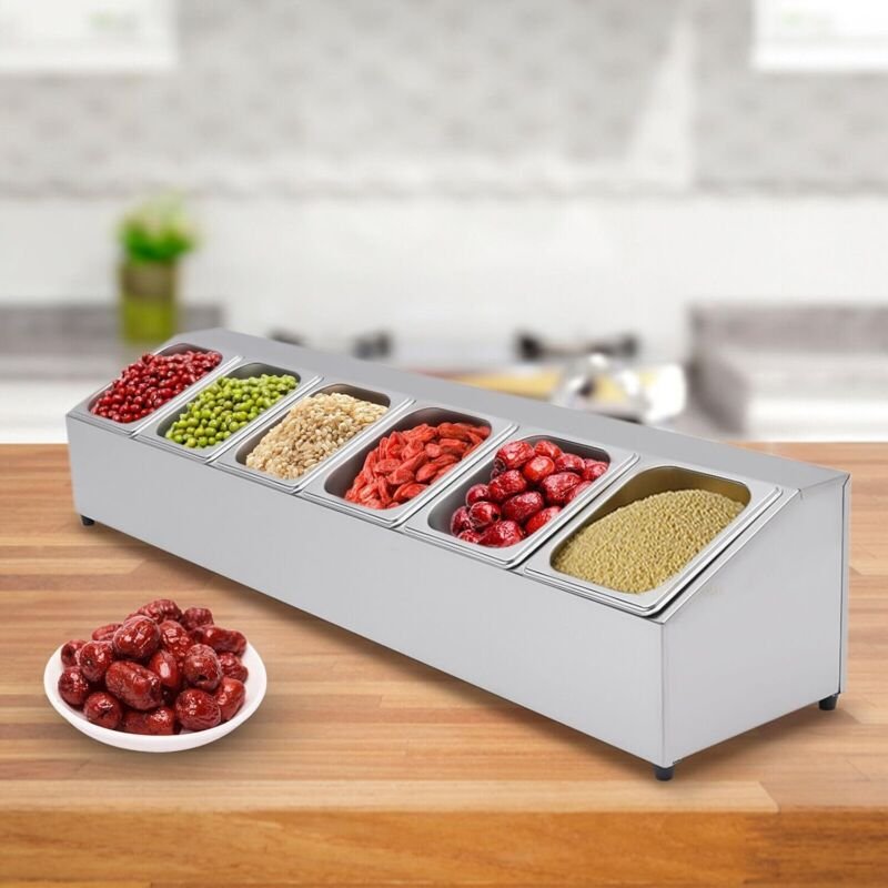 Zutatenbehälter Edelstahl 6 Gitter Zutatenbox Beilagenbehälter Barbehälter,GN Aufsatzbord Mit Deckel,Ideal für die Aufbe...