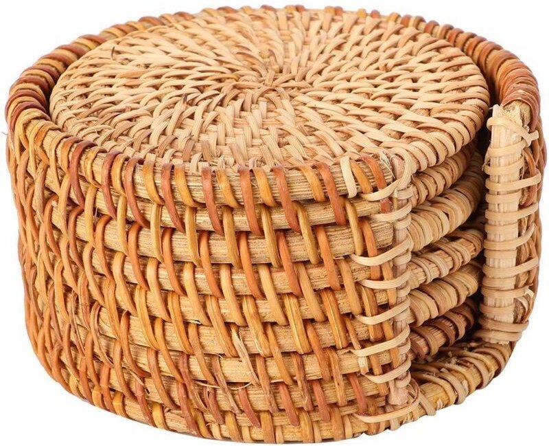 6-teiliges Set runder Untersetzer aus Holz, Rattan, Getränke und Couchtischen, mit Rattanständer, für Restaurants und Zu...