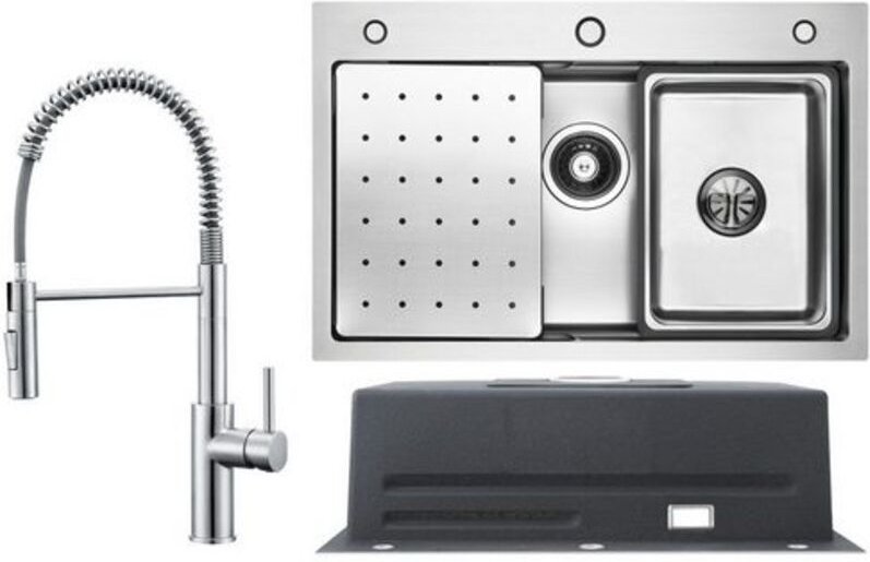 Cecipa Max - Küchenspüle aus Edelstahl 70x45cm Gebürstete Mit Abtropffläche + Feder-Küchenarmatur gebürstete Mit 2 Strah...
