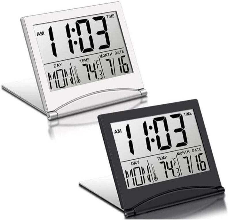 2 Pcs Digital Reise Wecker Faltbare LCD Uhr mit Kalender Temperatur Snooze Modus Display Tragbare Schreibtisch