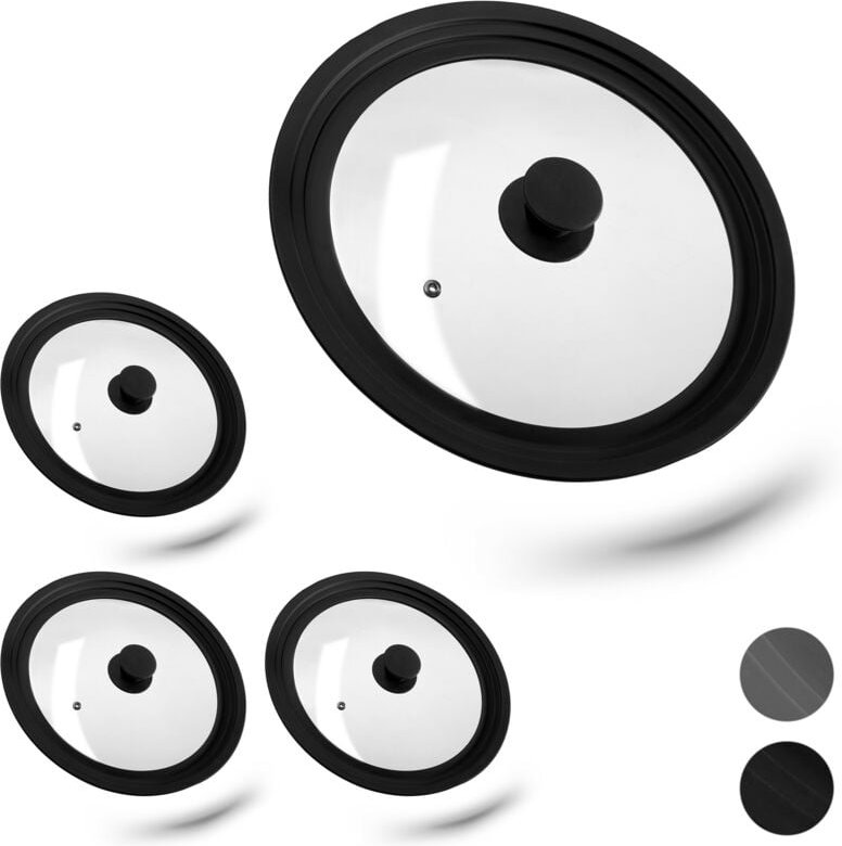 4 x Topfdeckel universal, Glasdeckel mit abgestuftem Silikonrand, Töpfe & Pfannen 26-30 cm, HxD: 5 x 31,5 cm, schwarz