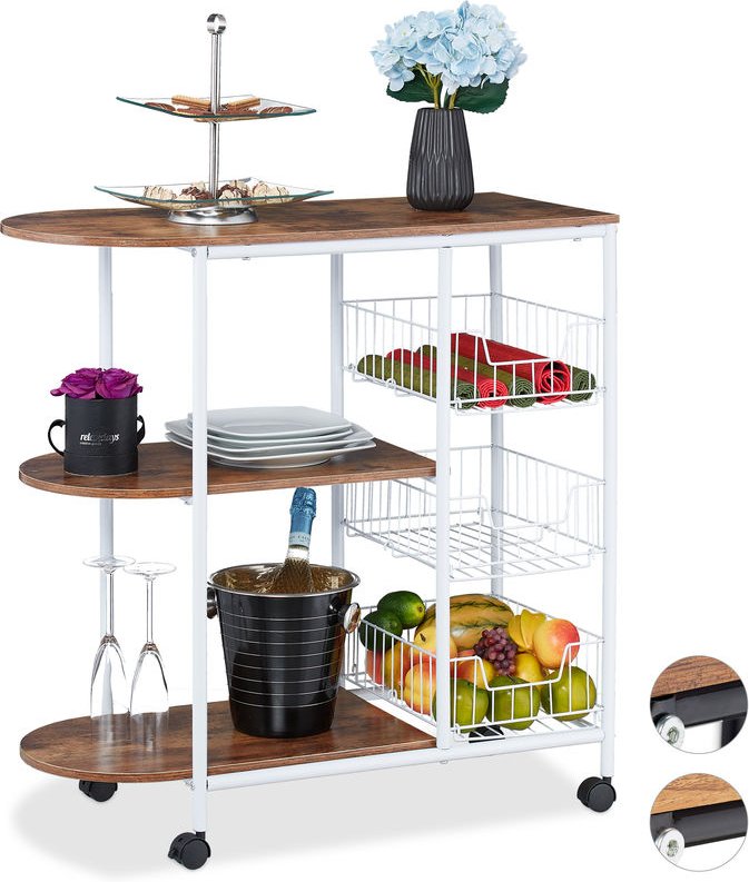 Relaxdays Servierwagen, Küchenwagen mit 3 Ablagen & 3 Körben, Industrial, Metall & MDF, HBT: 84 x 83 x 37 cm, weiß/braun