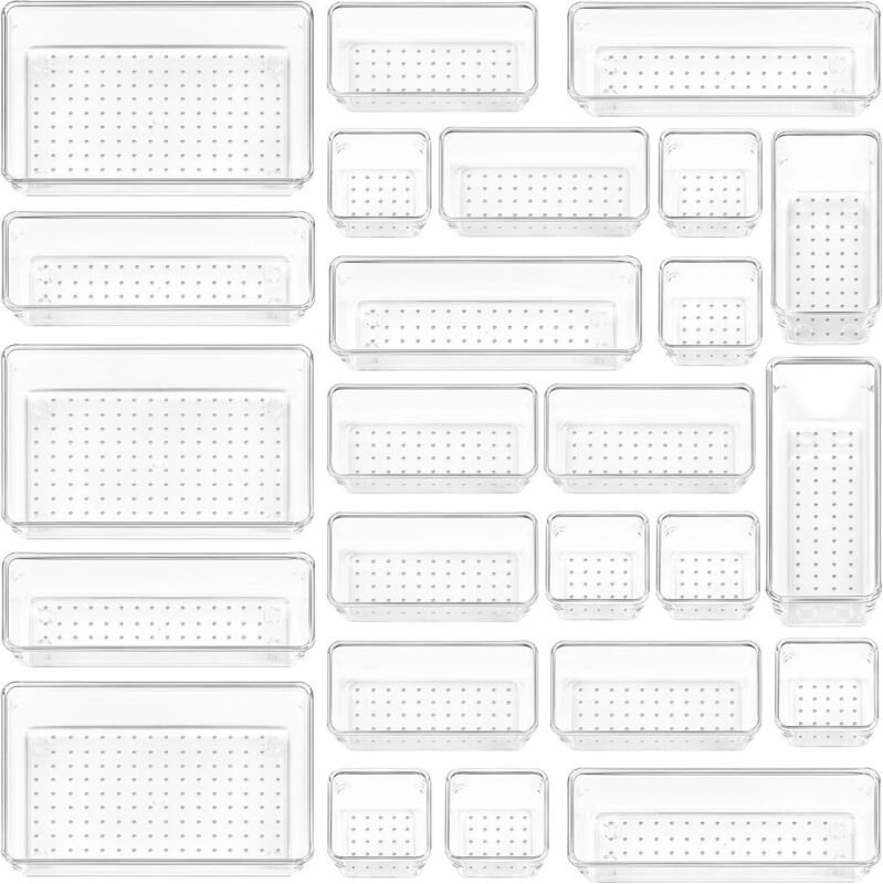 Set mit 25 transparenten Schubladeneinsätzen aus Kunststoff in 4 Größen für Badezimmer, Schlafzimmer, Küchen und Büros