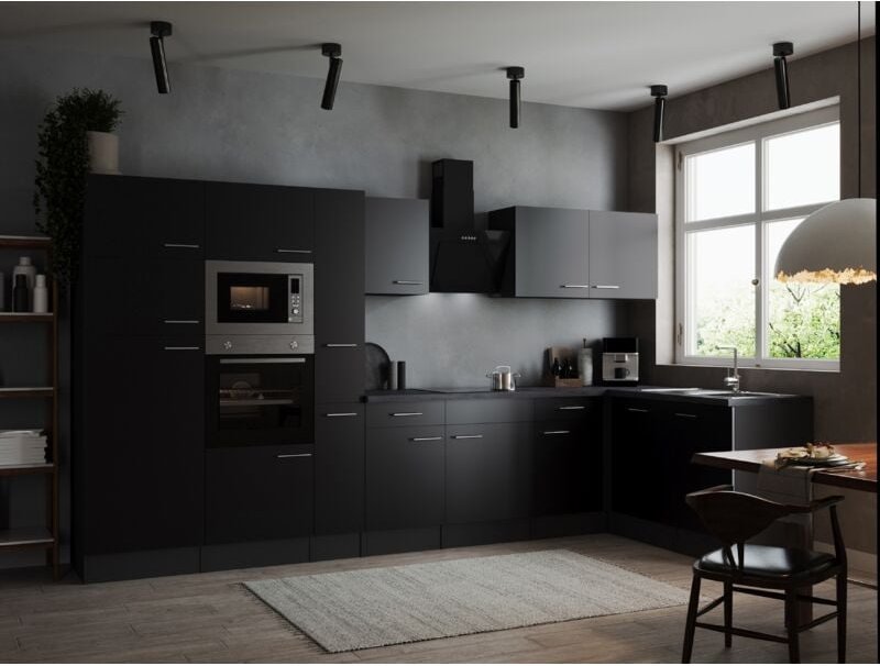 Thumbnail - L Küche Küchenzeile Winkelküche Grau Matt Schwarz Oliver 370 x 172 cm Respekta