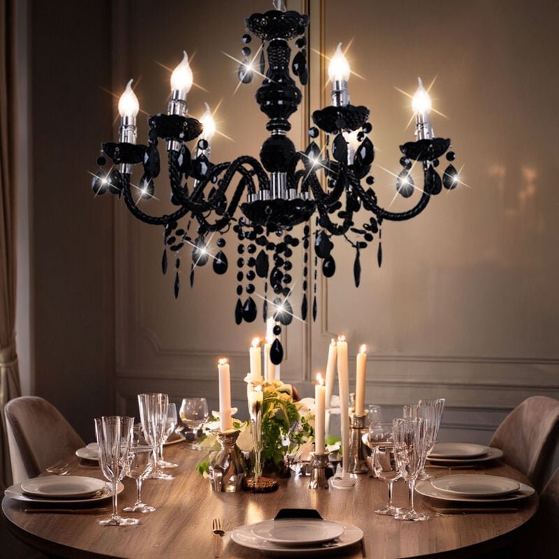 Kronleuchter Metall Hängelampe Schlafzimmer Chrom Lüster Pendellampe 5 Flammig Chrom, Acryldekor schwarz, 6x E14, DxH 57...