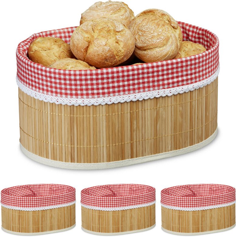 4 x Brotkörbchen Bambus, Stoffeinsatz, HxBxT: 16,5 x 33,5 x 23,5 cm, Aufbewahrungskörbchen, für Frühstückstisch, natur