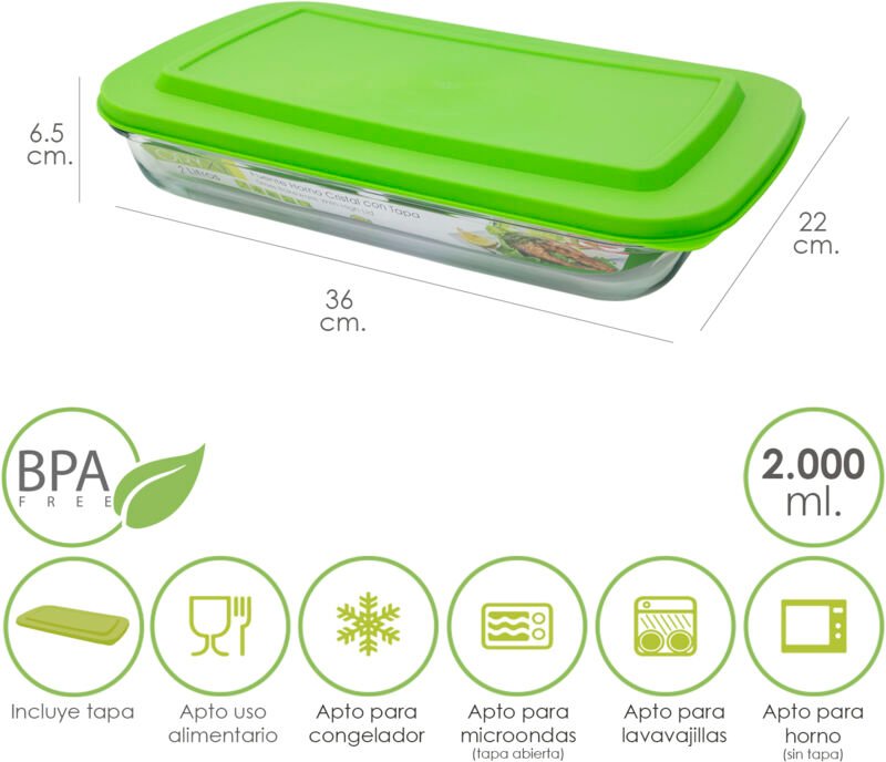 Fuente Cristal Rectangular Con Tapa 2 Litros 36x22x6.5 (Alt) cm.