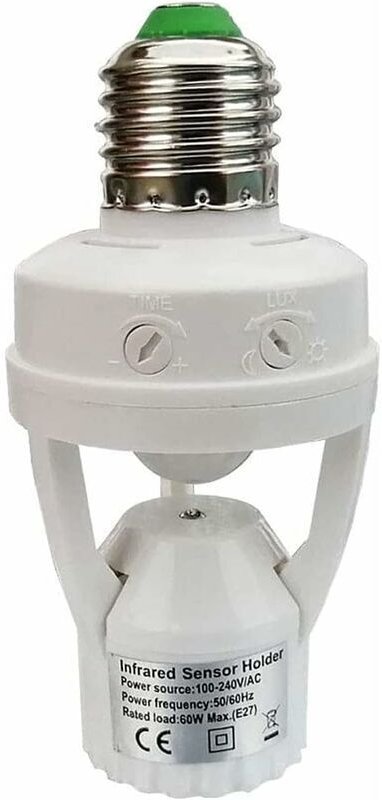 Fassung mit PIR-Bewegungsmelder für E27-Sockellampen zur Verwendung in Innenräumen mit Zeit- und Lichteinstellung.