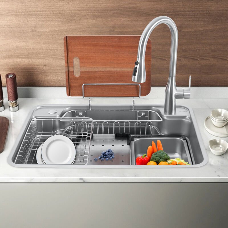 Waterfall Kitchen Sink, Top Mount/ Drop-In Black Stainless Steel Single Bowl Workstation Sink, Large 3-in-1 Modern Multi...