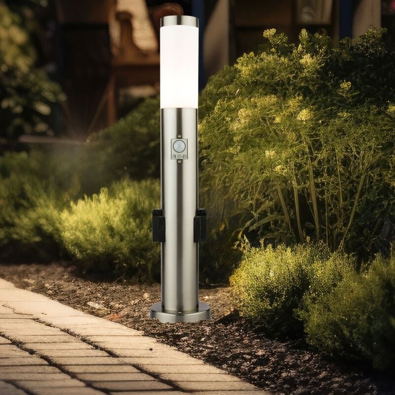 Stehleuchte mit Bewegungsmelder Sockelleuchte Edelstahl Außenleuchte mit Steckdosen, silber opal, E27 Fassung, h 60 cm