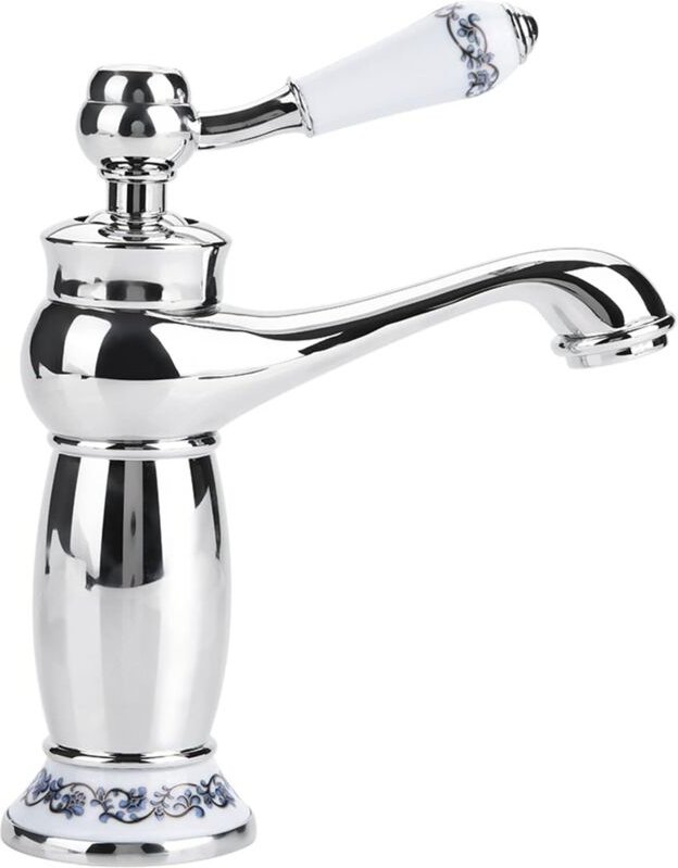 Waschbeckenarmatur aus Chromkeramik und antikem Messing, Badezimmerarmatur, Vintage-Waschbeckenarmatur mit langem Hals, ...