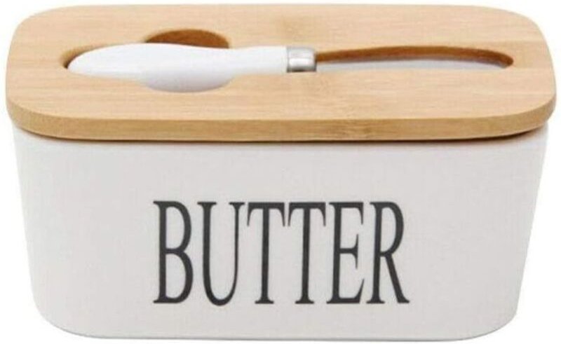 Porzellan-Butterdose mit Messer und Holzdeckel für 250 g Butter, weiß, 16,5 x 10 x 7,5 cm