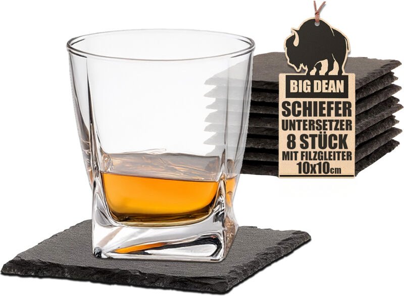 BigDean 8er Set Schiefer Untersetzer 10x10cm - Tisch-untersetzer, Servierplatten - 4 Gummifüße zum Schutz - Ideal für Gl...