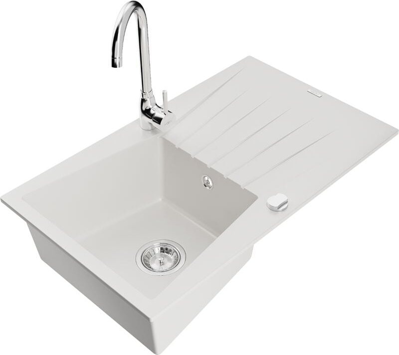 Thumbnail - Cesar 1 Becken-Granitspüle mit Abtropffläche und Mischbatterie Telma, Weiß - 6514-20-670200-00 - Mexen