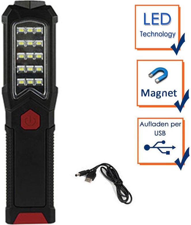 LED Handlampe AKKU & Taschenlampe mit Standfuß, Magnet & Haken zum Aufhängen