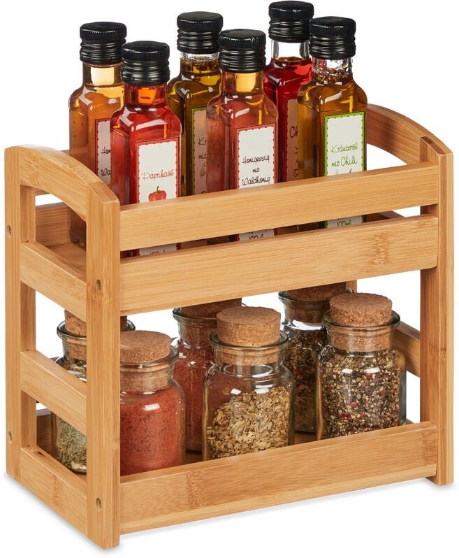 Relaxdays - Gewürzregal Bambus, 2 Etagen, stehend, hbt: 23 x 25,5 x 15,5 cm, Gewürzständer für Arbeitsplatte, Küche, nat...