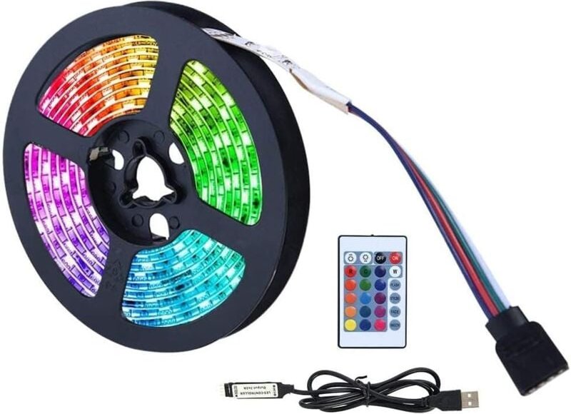 m langes LED-Band, 120 LEDs und 16 RGB, neonfarbener USB-heller LED-Streifen, 24-Tasten-Fernbedienung, 4 dynamische Modi...
