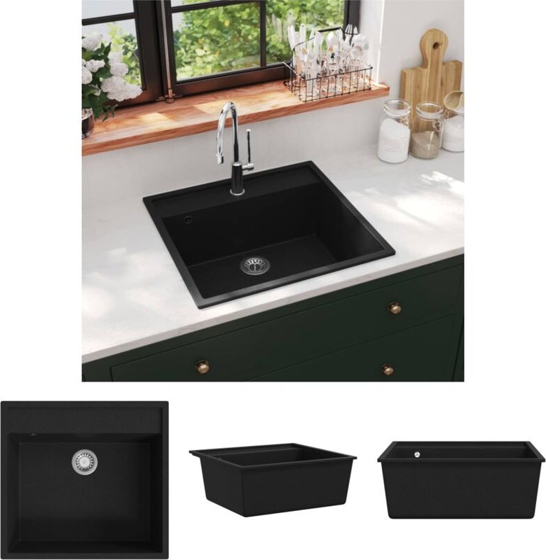 The Living Store Küchenspüle mit Überlauf Schwarz Granit - Küchenspülen & Spülbecken