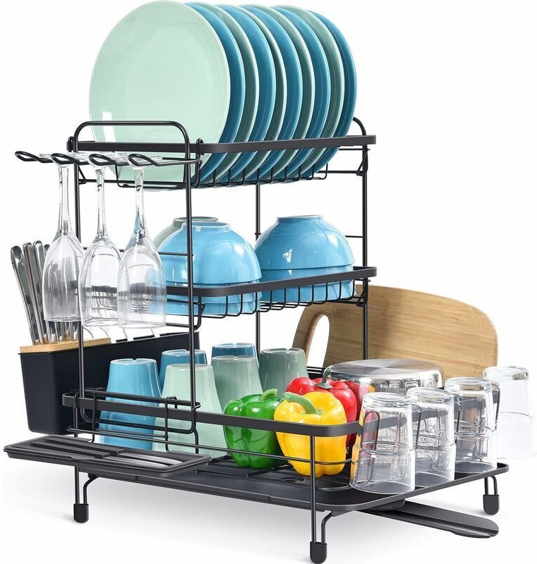 Geschirrabtropfgestell, 3-stöckiges, klappbares Geschirrabtropfgestell aus Metall mit 270° schwenkbarem Auslauf, Besteck...