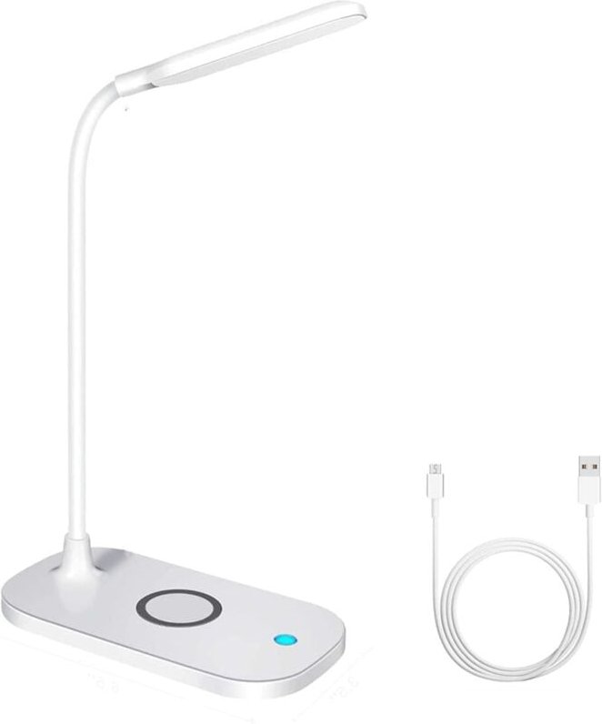 Schreibtischlampe, 10 w, 3 Modi, Qi, kabelloses Ladegerät, Touch-Steuerung, verstellbarer Arm, usb, weiß