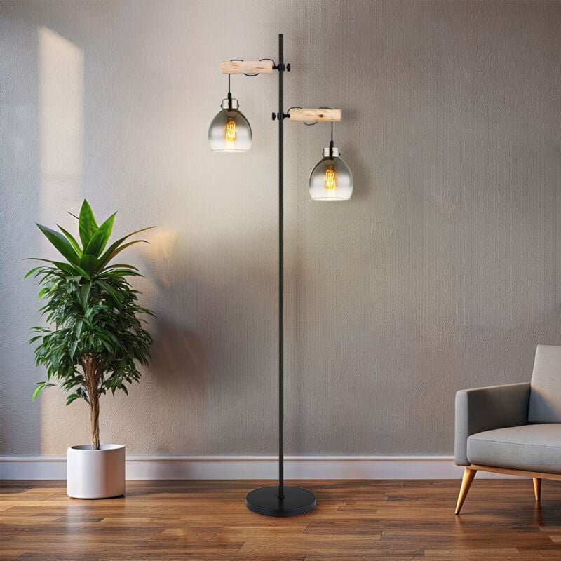Globo - Stehlampe Stehleuchte Wohnzimmerlampe 2 flammig höhenverstellbar Rauchglas Holz