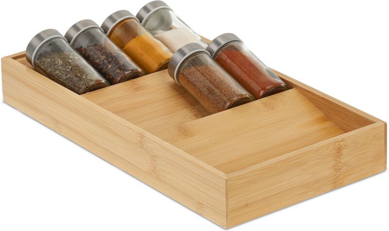 Relaxdays - 2 x Gewürzregal für Schublade, Bambus, HxBxT: 5 x 20 x 38 cm, 3 Stufen, Schubladeneinsatz Gewürze, Gewürzhal...