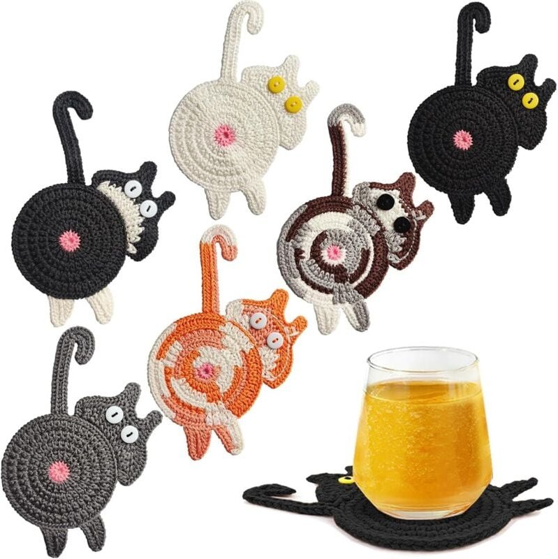 Set mit 6 niedlichen Untersetzern mit Katzenmotiven, lustige gehäkelte Untersetzer, handgewebte, saugfähige Untersetzer ...