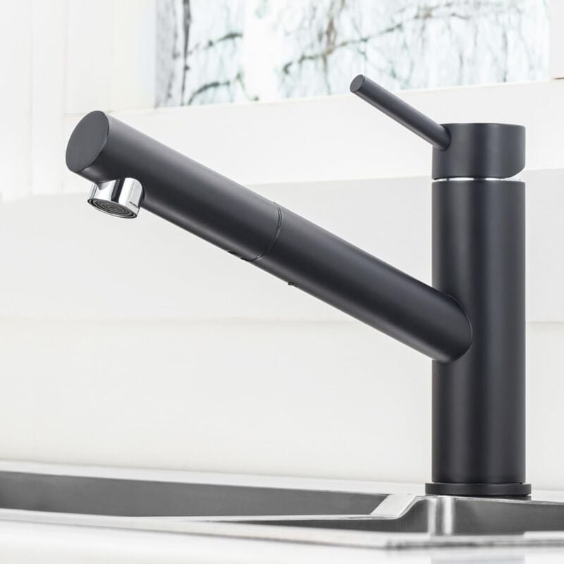 Wasserhahn Küche Schwarz mit ausziehbar, Spültischarmatur aus Edelstahl SUS304, Küchenarmatur Hochdruck mit 150° drehbar...