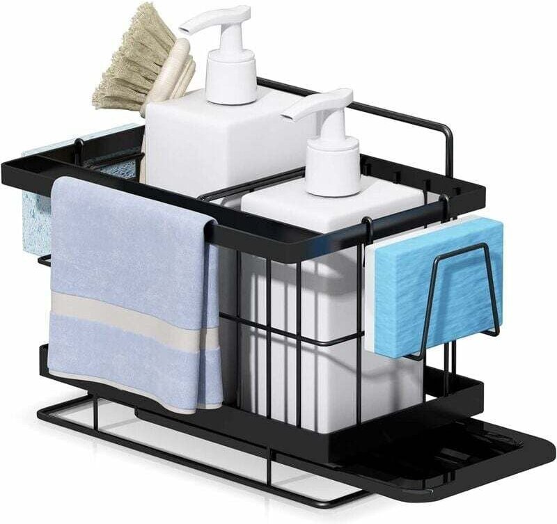Küchenspüle-Organizer, Wandaufbewahrung für Schwamm, Bürste, Spülmittel, wandmontierter Schwammhalter aus schwarzem Edel...