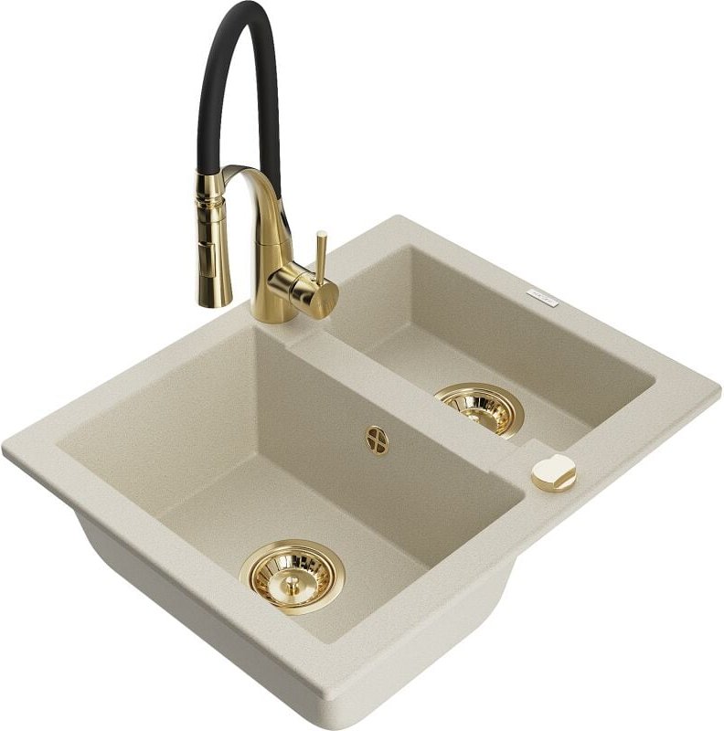 Carlos 1-Becken-Granit-Spüle mit Mischbatterie Aster, Beige - 6518-69-73450-57-G - Mexen