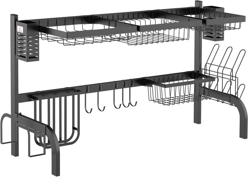 Abtropfgestell Geschirr, 2-stufiges Abtropfständer mit Haken, Tellerregal, Zubehör, 100 cm Stahl, Schwarz