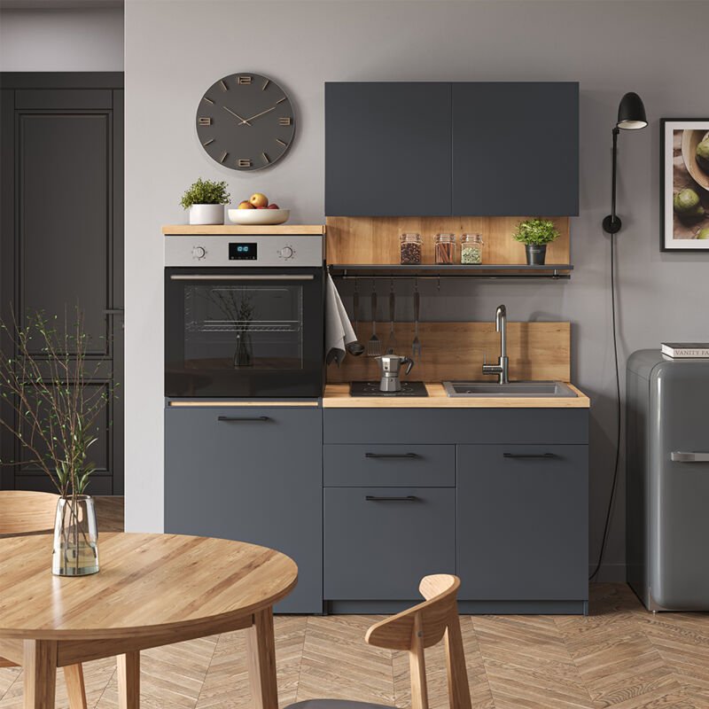 Vicco - Küchenzeile Egbert, Anthrazit, 160 cm mit ausziehbarem Tisch