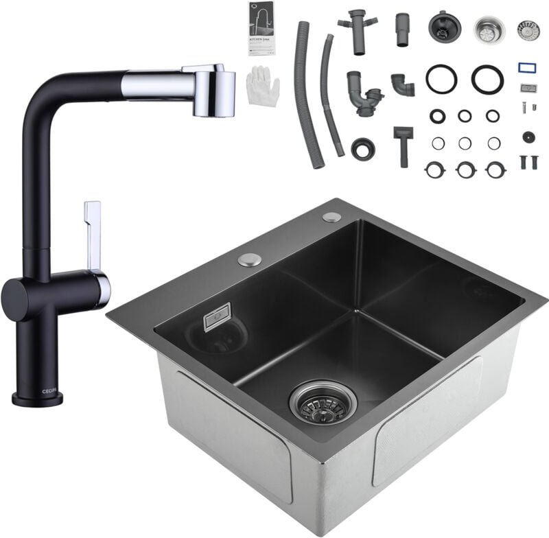 Cecipa 2 In 1 Spülen mit 1 Becken Edelstahl Küchenspüle 50 x 45 x 18,5 cm + Küchenarmatur Ausziehbar Hochdruck Küchenwas...
