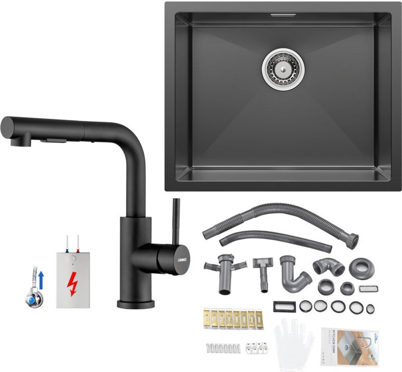 Spülbecken Edelstahl, Spüle Küche 1 becken 55 x 44 cm - Schwarzgrau + Ausziehbare Schwarze Küchenarmatur, für ab 60er Un...