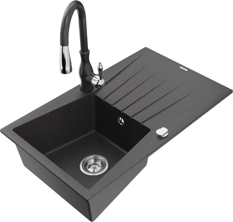 Mexen Cesar 1 Becken-Granitspüle mit Abtropffläche und Mischbatterie Savita, Schwarz gesprenkelt - 6