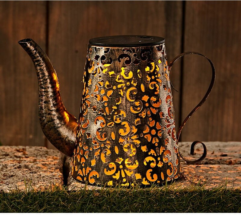 Led Solar Leuchte Metall Gießkanne - 19 x 14 cm - Vintage Deko Garten Lampe in Rost Optik