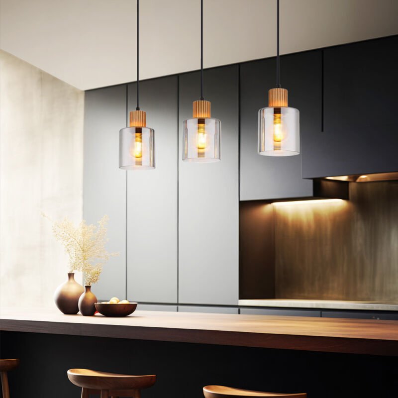 Hängeleuchte Holz Retro Pendelleuchte Rauchglas Hängelampe schwarz, Höhenverstellbar, Metall, 3x E27 Fassung, LxBxH 64x1...
